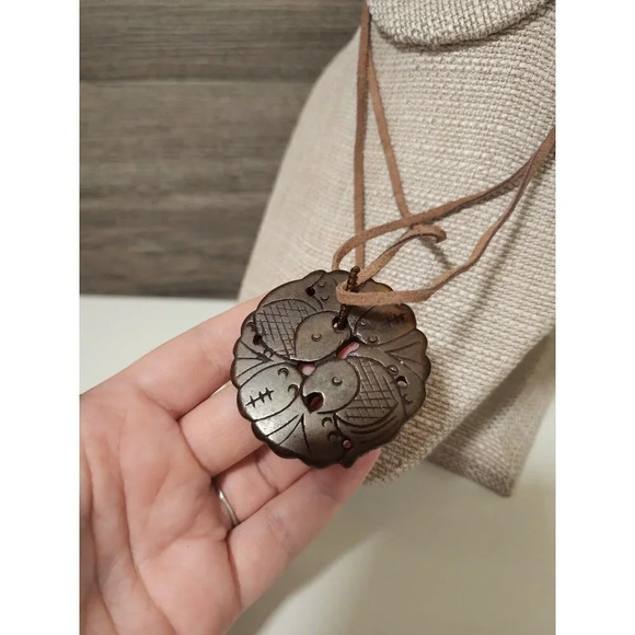 Womens Necklace Brown Jade Like Stone Carved with Koi Fish on Leather Chain - Picture 6 of 8